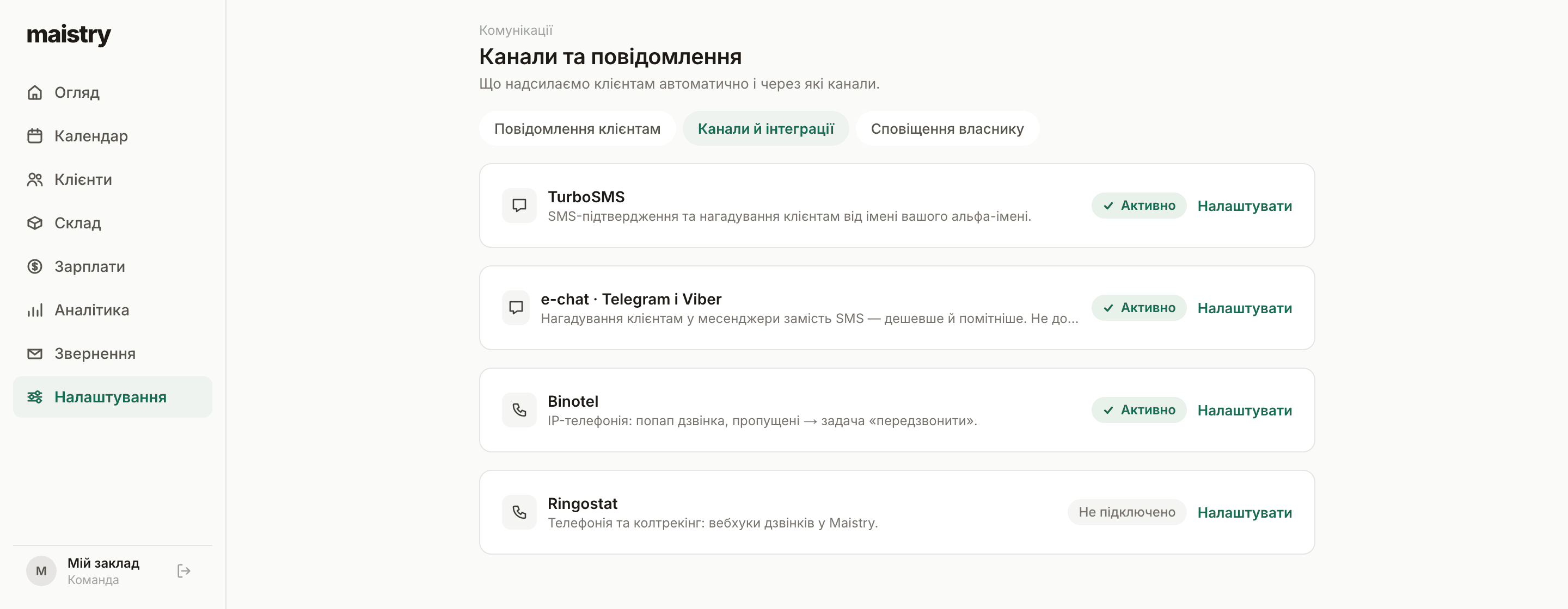 Налаштування інтеграцій Maistry: TurboSMS, e-chat, Binotel і Ringostat зі статусами підключення
